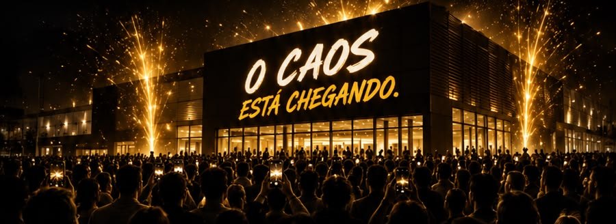 Multidão em frente a um prédio com a frase O CAOS está chegando