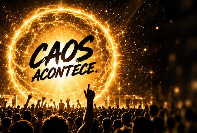Esfera de energia dourada sobre uma multidão com a frase CAOS acontece